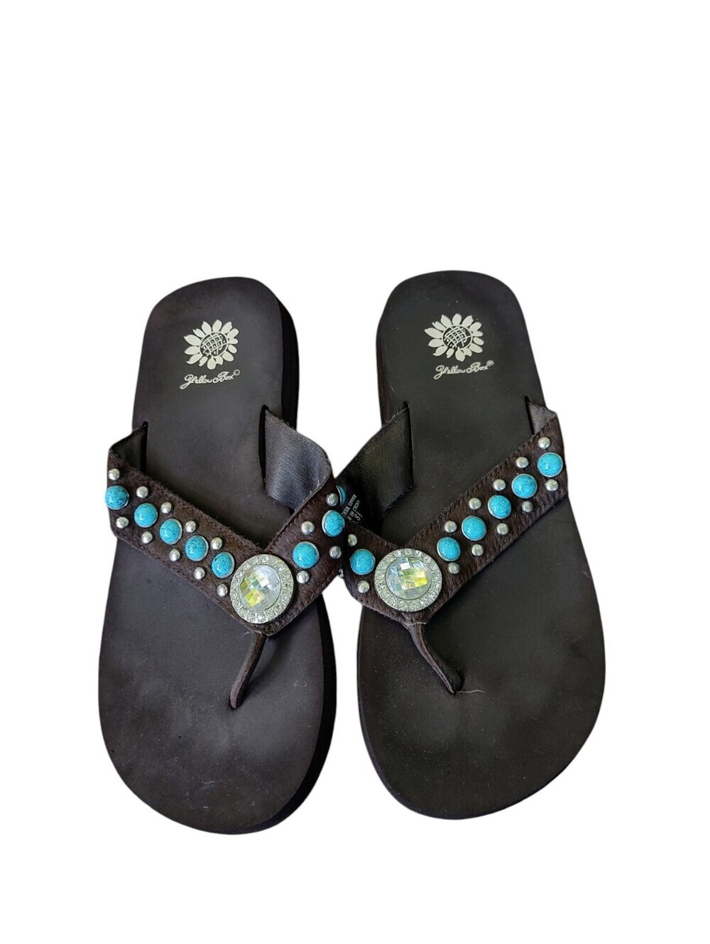 Yellow Box Leather Cowhide Sandal with Turquoise and Iridescent Embellishments
